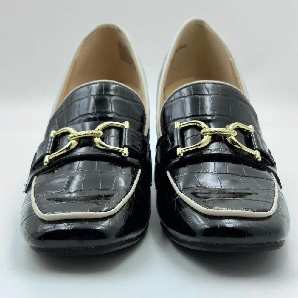 Liz Claiborne Heeled Loafers 7 Black Croc Embossed Horsebit Preppy Officecore - Picture 3 of 10